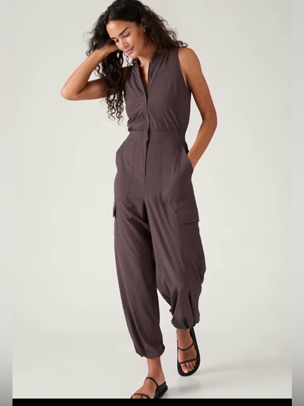Athleta Sleeveless Cargo Jumpsuit in Dark Brown